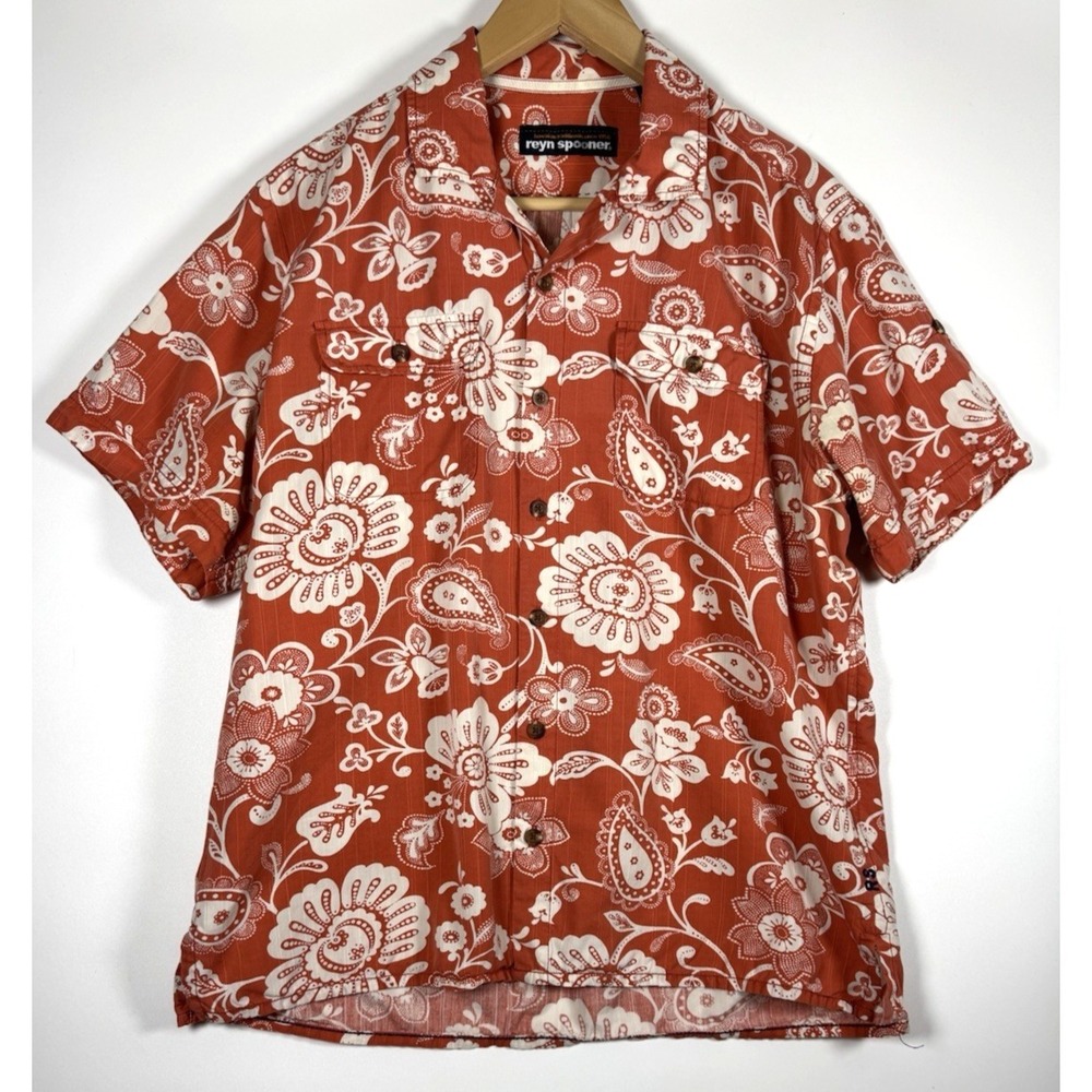 Reyn Spooner Hawaiian Shirt Mens Large Rust Orange Floral Paisley Cotton Tencel